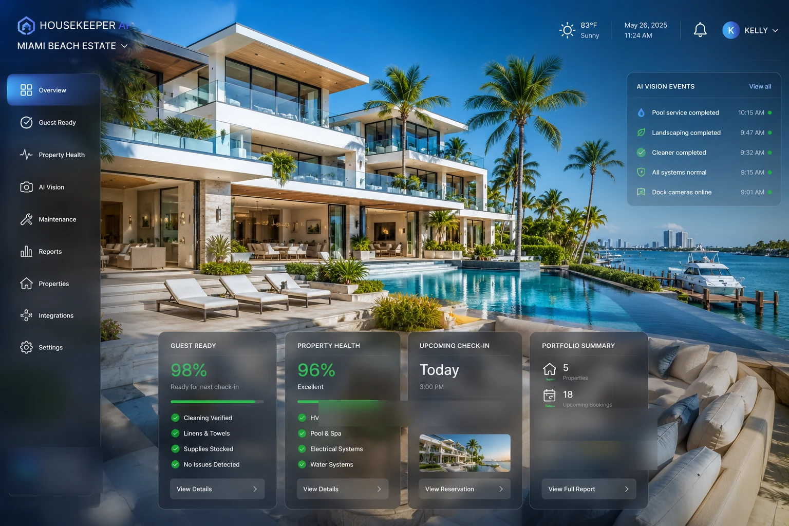 HOSPER dashboard concept over a Miami Beach property (illustrative demo data)