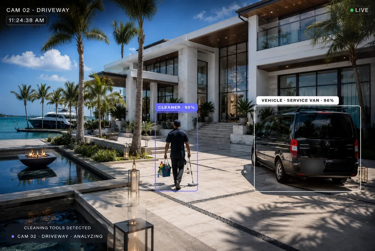 AI Vision concept — driveway camera still with service-arrival detections (illustrative demo imagery)